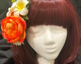 Tropical Tiki Flower Hair Clip: Orange Flowers & Yellow Plumeria