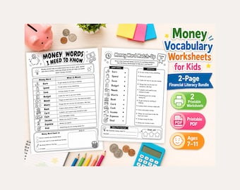 Feuilles d'exercices sur le vocabulaire de l'argent pour les enfants, lot à imprimer sur la littératie financière, ensemble d'activités sur les mots d'argent, PDF pour l'école à la maison