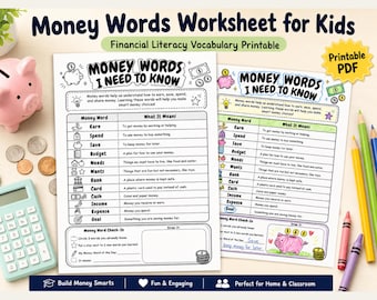 Feuille de travail sur les mots financiers pour les enfants, vocabulaire de la littératie financière à imprimer, activité de compétences financières, termes de budgétisation pour les enfants