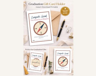 Porte-cartes cadeau de remise des diplômes, félicitations pour diplômé, conception d'une boussole pour commencer l'aventure (téléchargement PDF instantané)