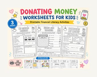 Feuilles de travail sur les dons d'argent pour les enfants, imprimables pour donner et partager, activités de littératie financière, outil de suivi des pots à partager PDF