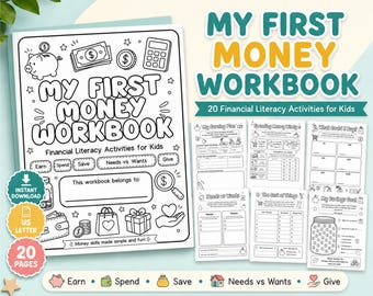 Mi primer cuaderno de trabajo sobre dinero para niños, hojas de trabajo de educación financiera, actividades imprimibles sobre dinero, ganar, gastar, ahorrar, necesidades, deseos, dar