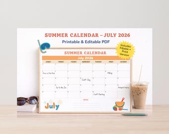 Calendrier juillet 2026, agenda d'été, à remplir et à imprimer (téléchargement instantané)