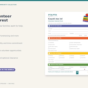Könnte beinhalten: Ein Freiwilligen-Interessenformular mit dem Titel Count me in! mit Abschnitten für Kontaktinformationen, Möglichkeiten, Zeitverfügbarkeit und Schulgenehmigung. Das Dokument enthält farbige Überschriften, einen Bücherstapel mit Apfel und ein Bleistiftsymbol.