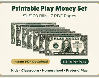 PDF imprimable en argent fictif pour enfants, argent pour la classe, faux billets, activité de culture financière, jeu d'argent pour l'école à la maison