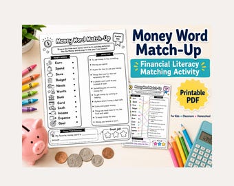 Feuille d'exercices pour enfants, recherche de connaissances financières, vocabulaire financier à imprimer, termes de budgétisation