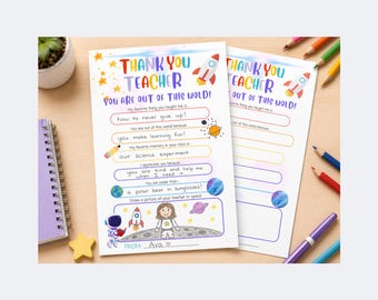 Coloriage de remerciements pour l'enseignant à imprimer, activité de dessin à remplir pour les enfants, thème de l'espace, lettre de remerciement, activité de fin d'année, PDF à remplir
