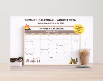 Calendrier août 2026, agenda familial d'été, programme d'activités pour enfants, design de camping, à remplir et à imprimer (téléchargement instantané)