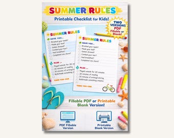 Liste de contrôle des règles d'été pour les enfants | Tableau des tâches de routine quotidiennes | PDF modifiable à remplir + version vierge | Horaire des enfants