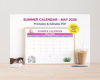 Calendrier mai 2026, agenda familial d'été, programme d'activités pour enfants, motif floral, à remplir et à imprimer (téléchargement instantané)