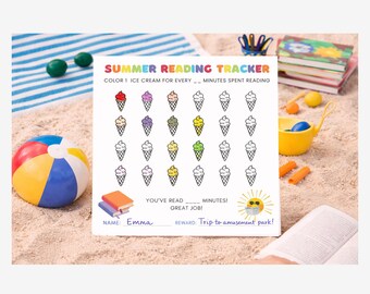 Moniteur de lecture d'été pour enfants | Défi Minutes Blanches | Tableau à colorier de la crème glacée | Journal de lecture (téléchargement instantané)