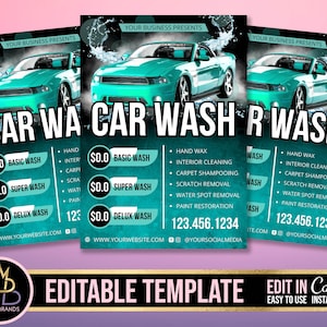 Folheto de lavagem de carro, modelo editável, folheto de detalhamento de carro, postagem de lavagem de carro, folheto de mídia social, modelo Canva editável, serviço de folheto de lavagem automática