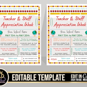 Teacher Appreciation Week, Teacher Staff appreciation template, Printable Editable Teaching Teacher Staff Appreciation Week Itinerary Poster