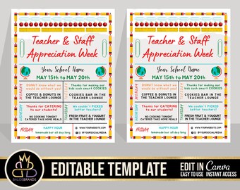 Teacher Appreciation Week, Teacher Staff appreciation template, Printable Editable Teaching Teacher Staff Appreciation Week Itinerary Poster