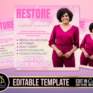 Restore yourself flyer, Therapy Editable Flyer, Counseling flyer, Editable Template Therapist Flyer Counselor Flyer, Canva Editable Therapy