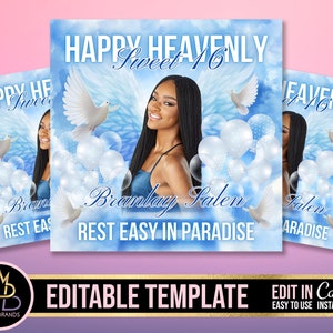 Heavenly Birthday Flyer, Editable Memorial Birthday Flyer, Funeral Memorial Birthday Template, Rest In Peace Editable Flyer Editable Custom