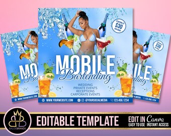Puede incluir: Un folleto para un servicio de bar móvil. El folleto presenta a una mujer en bikini azul sosteniendo una copa de cóctel. El texto en el folleto dice "Bar móvil" e incluye información sobre los servicios ofrecidos, los precios y la información de contacto.