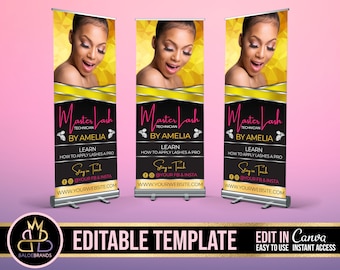 Retractable Banner Template Canva, Roll Up Banner Editable Template, Lashes Lash Banner Hair Beauty Pop Up Shop Boutique Fashion Roll Up