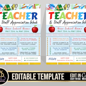 Teacher Appreciation Week, Teacher Staff appreciation template, Printable Editable Teaching Teacher Staff Appreciation Week Itinerary Poster