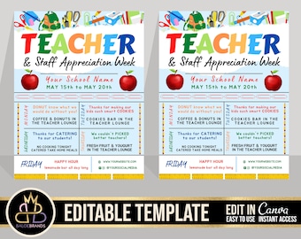 Teacher Appreciation Week, Teacher Staff appreciation template, Printable Editable Teaching Teacher Staff Appreciation Week Itinerary Poster