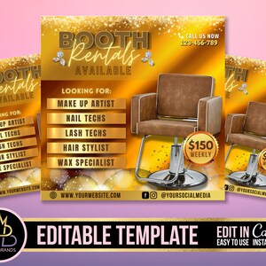 Booth Rental Flyer, Canva Booth for Rent Flyer Template, Editable Canva Social Media Flyer, Booth Rental Template, Hair Stylist Flyer Makeup