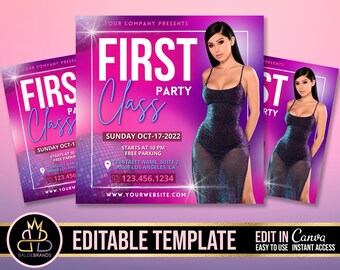 Könnte beinhalten: Ein rosa und lilafarbener Flyer mit dem Text "First Class Party" und einer Frau in einem glitzernden lila Kleid. Der Flyer enthält das Datum und die Uhrzeit der Party, die Adresse und eine Telefonnummer. Der Text "Bearbeitbare Vorlage" und "In Canva bearbeiten" befindet sich am unteren Rand des Flyers.