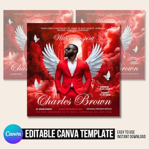 May include: A red and white memorial program service announcement template with a photo of a man in a red suit. The text reads "With us in spirit" and "Charles Brown". The template includes the dates of birth and death, the location of the service, and the text "Easy to use, Instant Download".