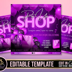 Può includere: Volantino viola e bianco con palloncini e testo che recita "Pop Up Shop" con data e ora "Domenica aprile 17:00-22:00" e il testo "Acquista tutte le nostre collezioni".