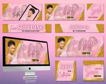 Op de afbeelding: Een verzameling roze en gouden social media banners met tekst die luidt "Stuur ons je selfie", "Gratis verzending bij bestellingen boven de $ 1000", "Nieuwe aankomsten superdeals 20% korting nu kopen", "Sale site wide", "Volg ons @yoursocialmedia", "We zijn volledig gevuld nu kopen", "Shop nieuwe collectie", en "Bespaar 40% korting nu kopen".