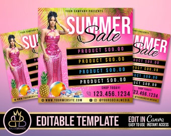 May include: Editable template for a summer sale flyer with a pink background, gold accents, and a woman in a pink dress. The text reads "Summer Sale" and includes product prices and a phone number to shop today. The flyer is designed to be edited in Canva.