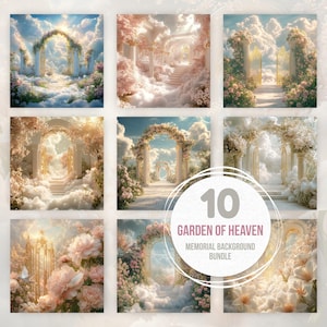 May include: A collection of ten digital art prints featuring ethereal scenes of heavenly gardens. Each print showcases archways, columns, and pathways surrounded by clouds and flowers, with soft lighting and pastel colors. The text reads "Garden of Heaven Memorial Background Bundle."