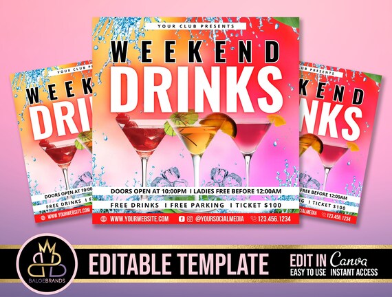 DIY Club Flyer Template, Weekend Drinks Flyer Editable Canva Template, Social Media Flyer, Party, Editable flyer, Cocktails Happy hour Flyer