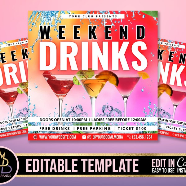 DIY Club Flyer Template, Weekend Drinks Flyer Editable Canva Template, Social Media Flyer, Party, Editable flyer, Cocktails Happy hour Flyer