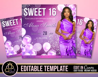 May include: Sweet 16 birthday party invitation template. The design features a young woman in a purple dress, balloons, and the text "Sweet 16" and "Alexa Smith". The template is editable in Canva.
