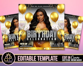 Może przedstawiać: Szablon zaproszenia na przyjęcie urodzinowe w kolorze czarnym i złotym z fotografią kobiety i tekstem "Tiffany's Birthday Celebration" oraz "10th of July, Monday".