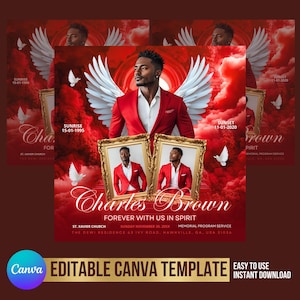 May include: A red and white memorial program service flyer with a photo of Charles Brown. The flyer includes the dates of his birth and death, the name of the church, and the location of the service. The flyer also includes the text "Forever with us in spirit."