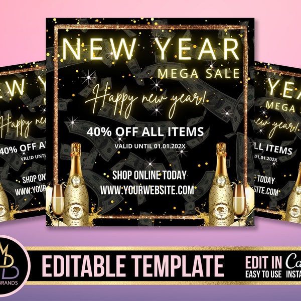 Happy New Year, SOCIAL MEDIA FLYER, New Year Sale, Holiday Sale, Christmas, Happy New Year Sale, social media post Canva Editable Template