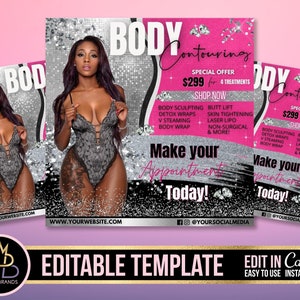Puede incluir: Un folleto rosa y plateado que anuncia servicios de contorno corporal. El folleto presenta a una mujer en lencería y texto que dice "Body Contouring", "Oferta especial 299 € por 4 tratamientos", "Comprar ahora", "¡Haz tu cita hoy!" y "@YourSocialMedia".