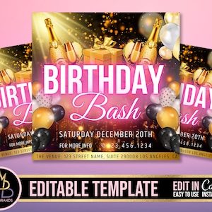 Puede incluir: Plantilla editable para una invitación a una fiesta de cumpleaños. La invitación presenta un fondo rosa con detalles dorados y el texto "Birthday Bash" en una fuente rosa. La invitación también incluye imágenes de botellas de champán, globos y una caja de regalo.