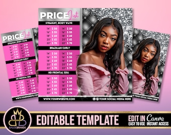 May include: A pink and black price list for hair extensions. The list includes prices for straight, body wave, Brazilian curly, and HD frontal hair extensions in lengths from 14 inches to 22 inches. The image also includes a website address and the text "Editable Template" and "Edit in Canva".