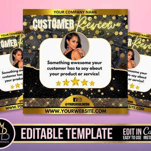 Könnte beinhalten: Bearbeitbare Vorlage für einen Kundenbewertungs-Social-Media-Beitrag. Die Vorlage hat einen schwarzen Hintergrund mit goldenem Glitzer und Dollar-Scheinen. Der Text "Customer Review" ist in Gold mit einem Neon-Effekt. Es gibt ein weißes Feld mit einer Fünf-Sterne-Bewertung und dem Text "Something awesome your customer has to say about your product or service!"  Die Vorlage enthält auch Platz für ein Kundenfoto und eine Website-Adresse.