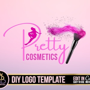 May include: Pink logo template for a cosmetics brand called "Pretty Cosmetics". The logo features a stylized cursive font and a silhouette of a woman sitting on a makeup brush with pink powder exploding from the brush.