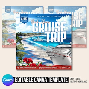 Cruise trip Flyer, Cruise Vacation Business Trip Template Boat Yacht Invitation Editable Canva Invite Party Invitation birthday Social Media