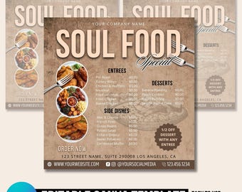 Può includere: Un menu marrone e beige con il testo "Soul Food Special" in un riquadro color pesca. Il menu elenca i piatti principali, i contorni e i dessert con i prezzi. Il menu include anche il testo "Order Now" con un indirizzo del sito web e le maniglie dei social media.