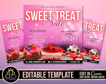 Puede incluir: Un folleto rosa y blanco con el texto "Sweet Treat Sale" e imágenes de pasteles. El folleto anuncia una venta del 30% de descuento en todos los pasteles hechos frescos. El folleto también incluye el texto "Nos especializamos en cupcakes, pasteles especiales, cheesecakes y pasteles bundt".