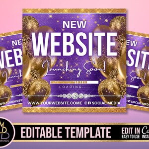 Op de afbeelding: Paarse en gouden grafiek met de tekst "NIEUWE WEBSITE Binnenkort online!" met een voortgangsbalk die "Laden..." aangeeft en de tekst "WWW.YOURWEBSITE.COME @ SOCIALE MEDIA".