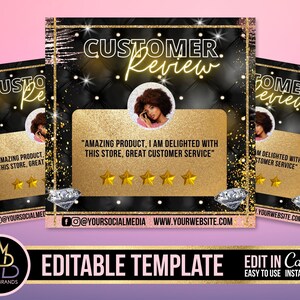 Könnte beinhalten: Eine Werbegrafik in Schwarz und Gold mit dem Text "CUSTOMER REVIEW" und einem Kunden-Testimonial. Das Design umfasst eine goldene Sternebewertung, Diamantakzente und Social-Media-Handles. Das untere Banner lautet "EDITABLE TEMPLATE".