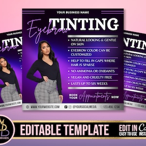 May include: Purple and white graphic with the text "Eyebrow Tinting" in a large, bold font. The graphic includes a list of services offered, such as natural looking and gentle, eyebrow color can be customized, help to fill in gaps where hair is sparse, no ammonia or oxidants, vegan and cruelty free, and lasts up to six weeks. The graphic also includes a call to action to book appointments now.