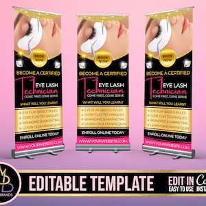 Retractable Banner Template Canva, Roll Up Banner Editable Template, Lashes Lash Banner Hair Beauty Pop Up Shop Boutique Fashion Roll Up