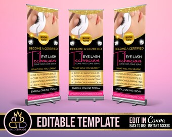 Retractable Banner Template Canva, Roll Up Banner Editable Template, Lashes Lash Banner Hair Beauty Pop Up Shop Boutique Fashion Roll Up